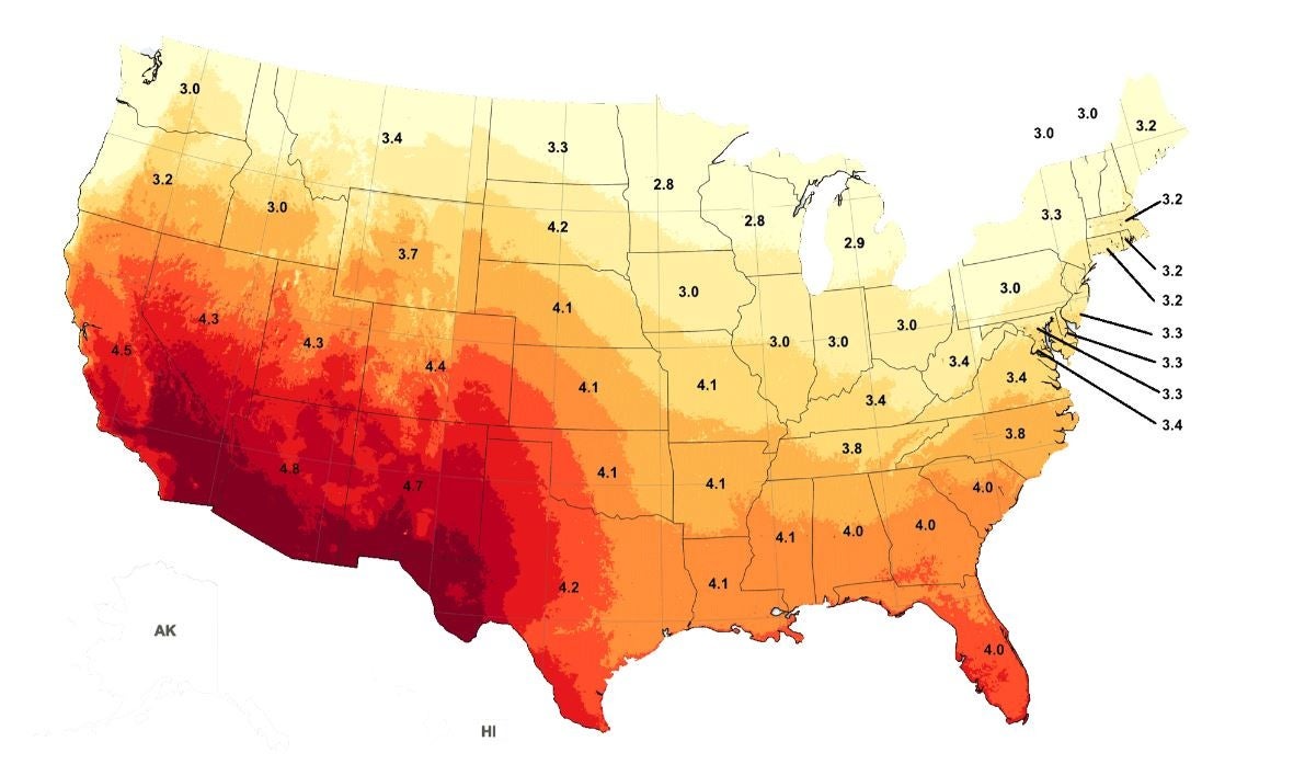 Map of the U.S. with color overlay to indicate amount of daily sun hours for every location