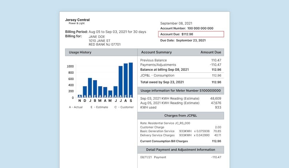 Sample that shows what your monthly electric bill will look like when you are billed.