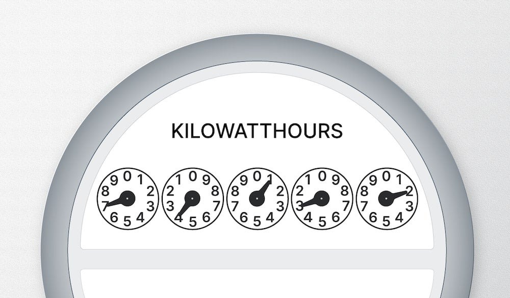 Mock-up of a dial meter showing 23,147 kWh.