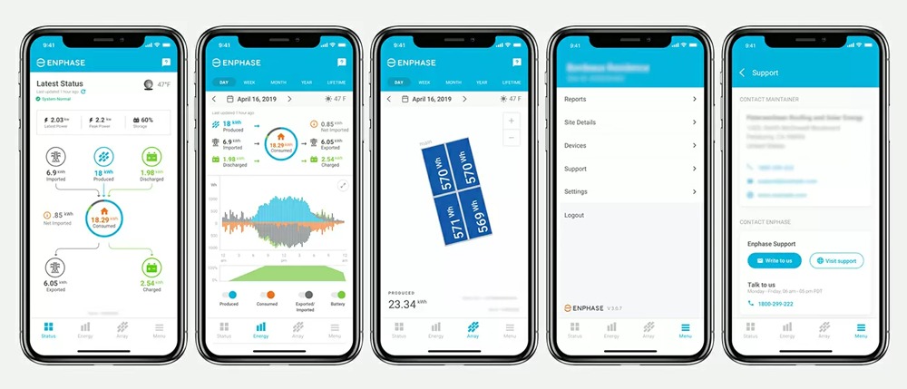 screenshots of Enphase Enlighten mobile app