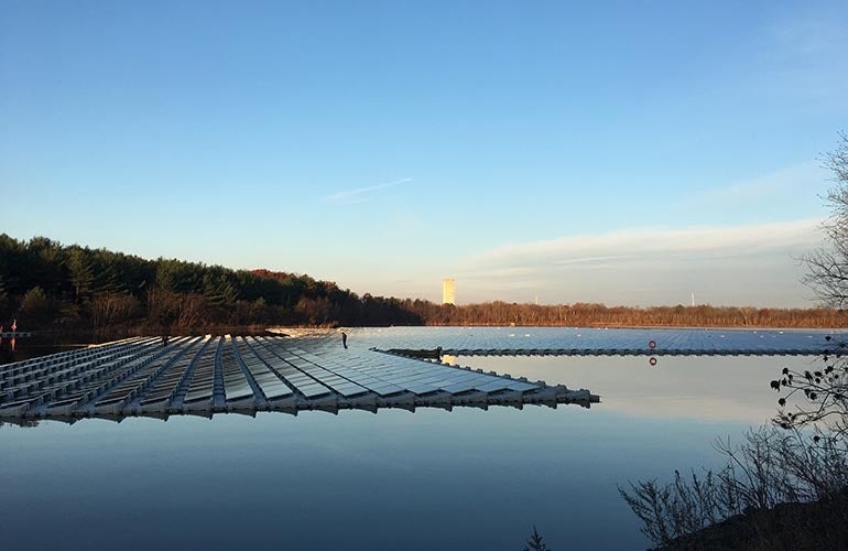 floating solar panel array on a lake