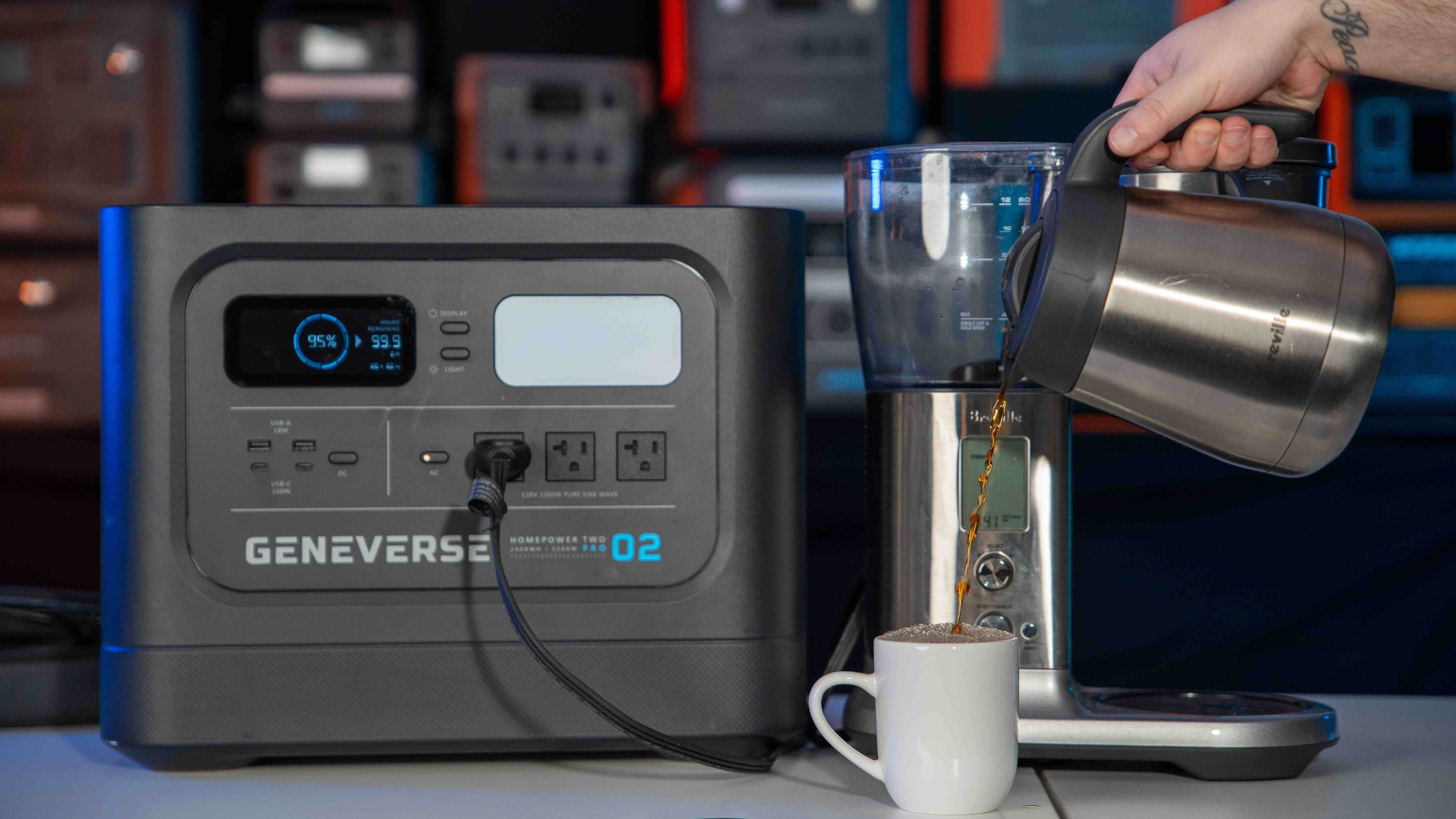 The Geneverse HomePower Two PRO with a coffee maker plugged into it