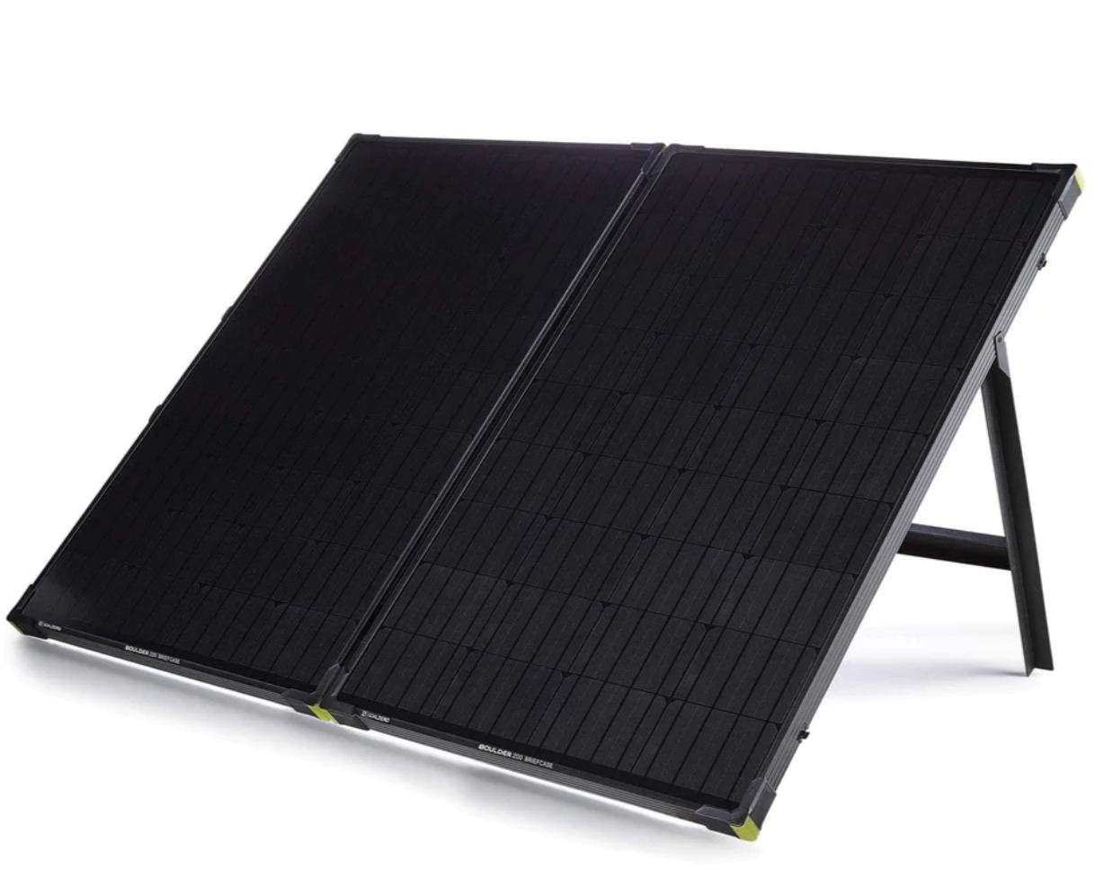 Photo of the GoalZero Boulder 200-watt solar panel on a white background