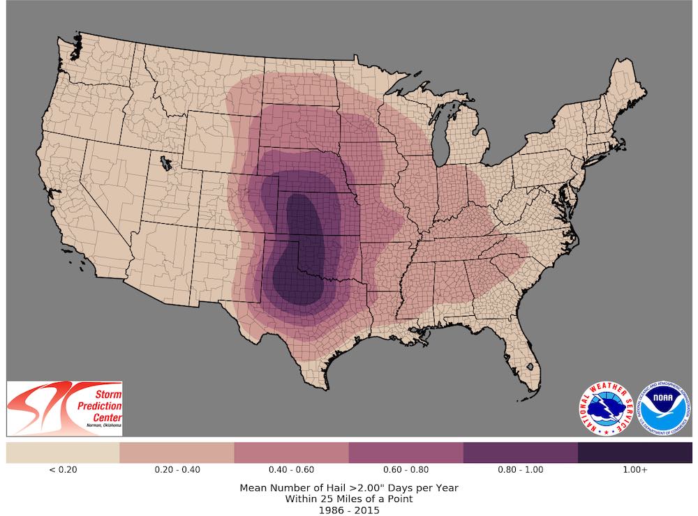 Map of the U.S. showing what area has received the most hail from 1986 to 2015