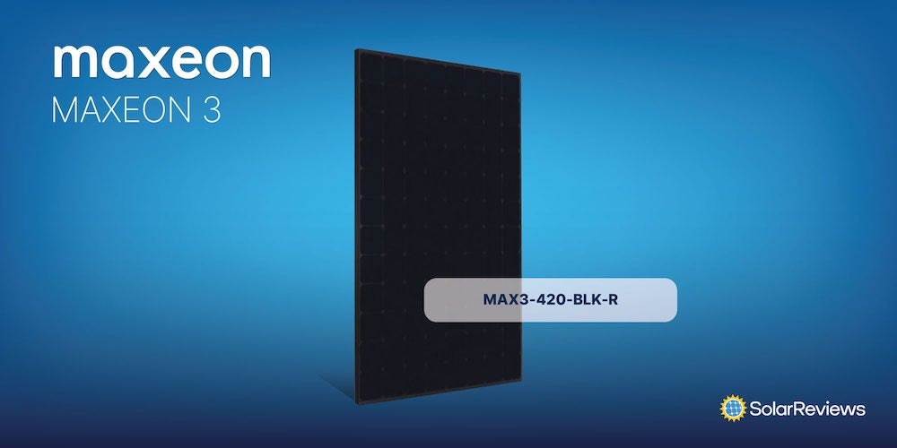 A Maxeon MAX3-420-BLK-R panel on a blue background