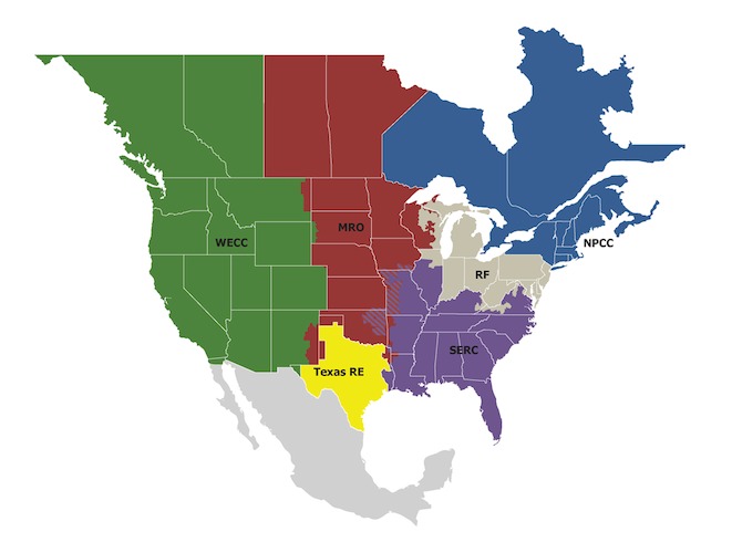 territory map showing the six regional reliability organizations