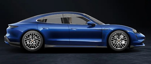 Side profile rendering of a blue Porsche Taycan