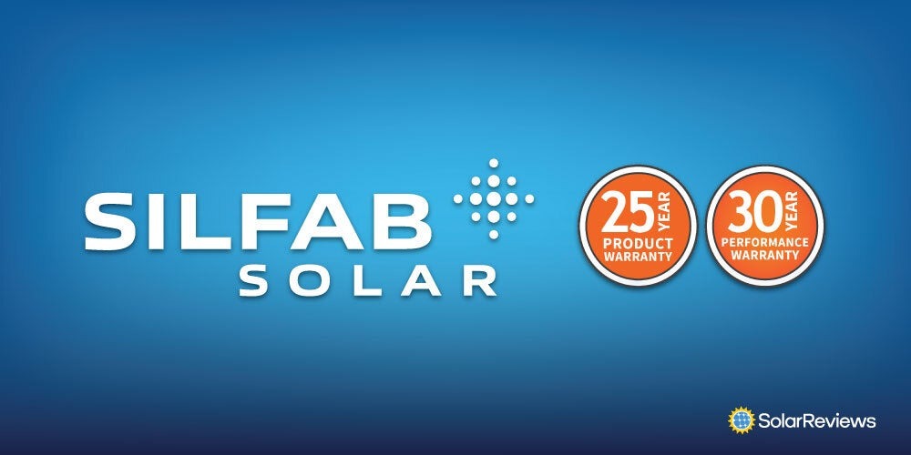 Silfab solar company logo next to a 25-year product and 30-year performance warranty