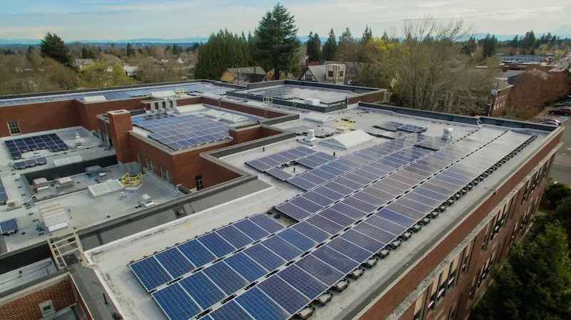 Solar panels on the roof of a school