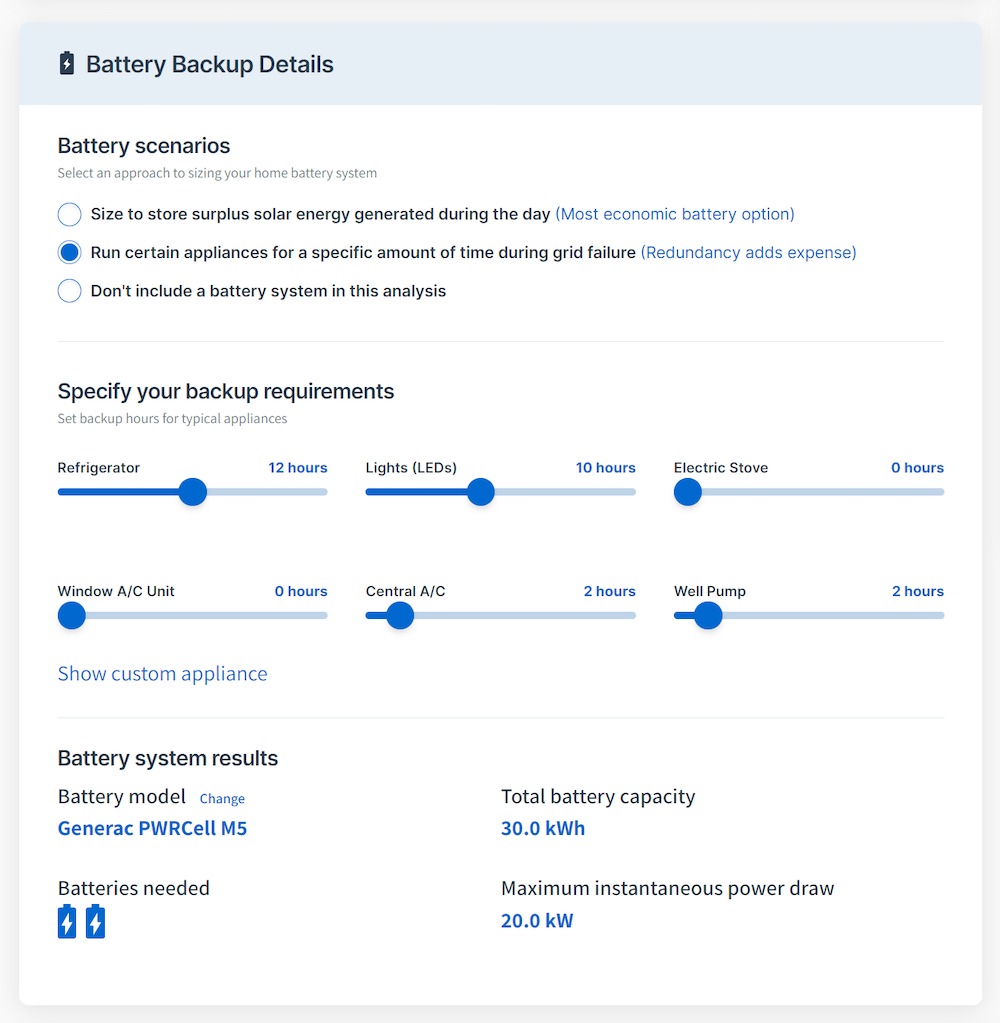 Screenshot of the SolarReviews calculator showing data for battery backup