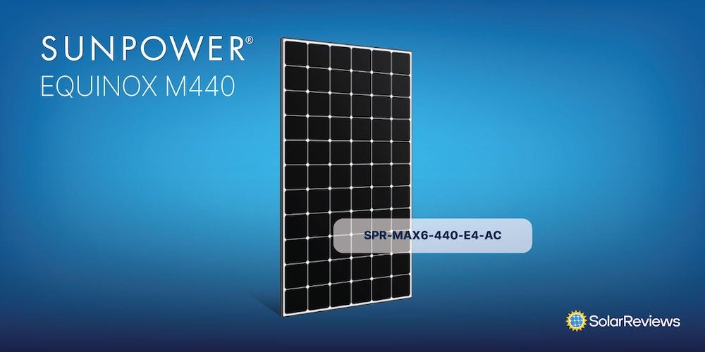 A Maxeon SPR-MAX6-440-E4-AC panel on a blue background