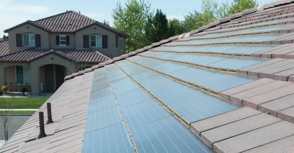 Closeup of a roof with Suntegra solar shingles