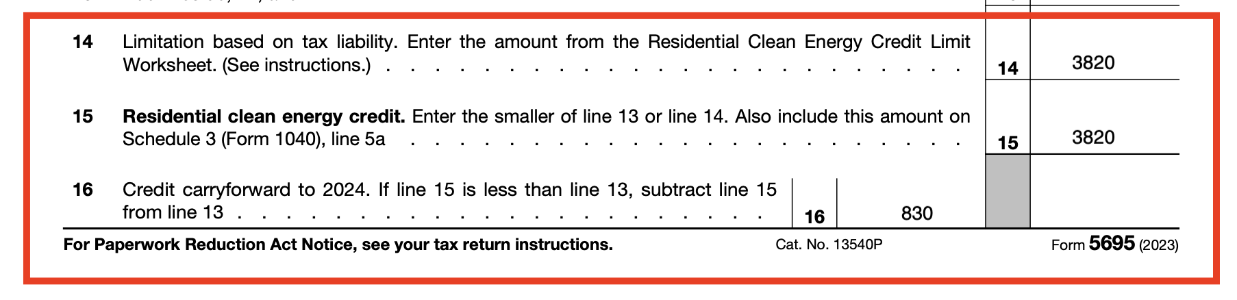 Screenshot of 2023 Form 5695 lines 14 to 16