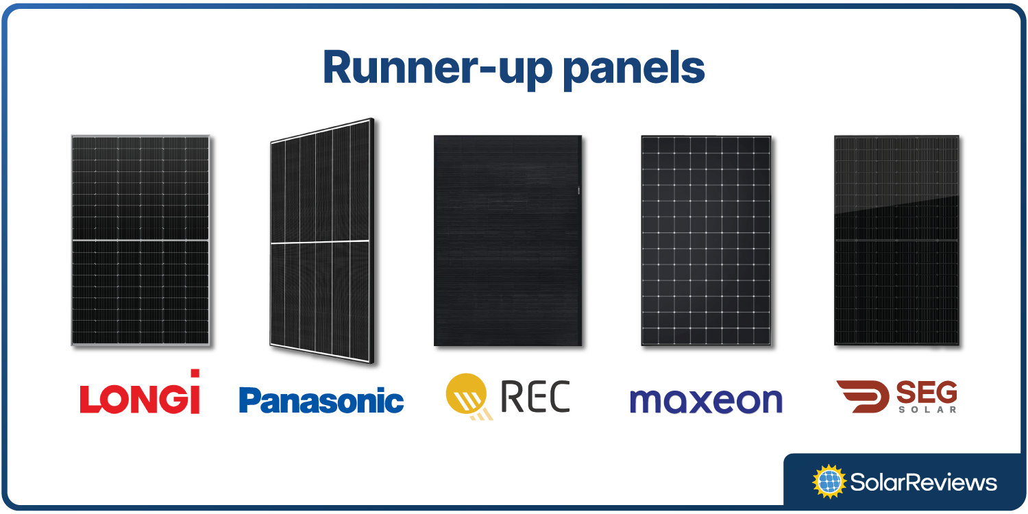 LONGi, Panasonic, REC, Maxeon, and SEG Solar solar panels side by side