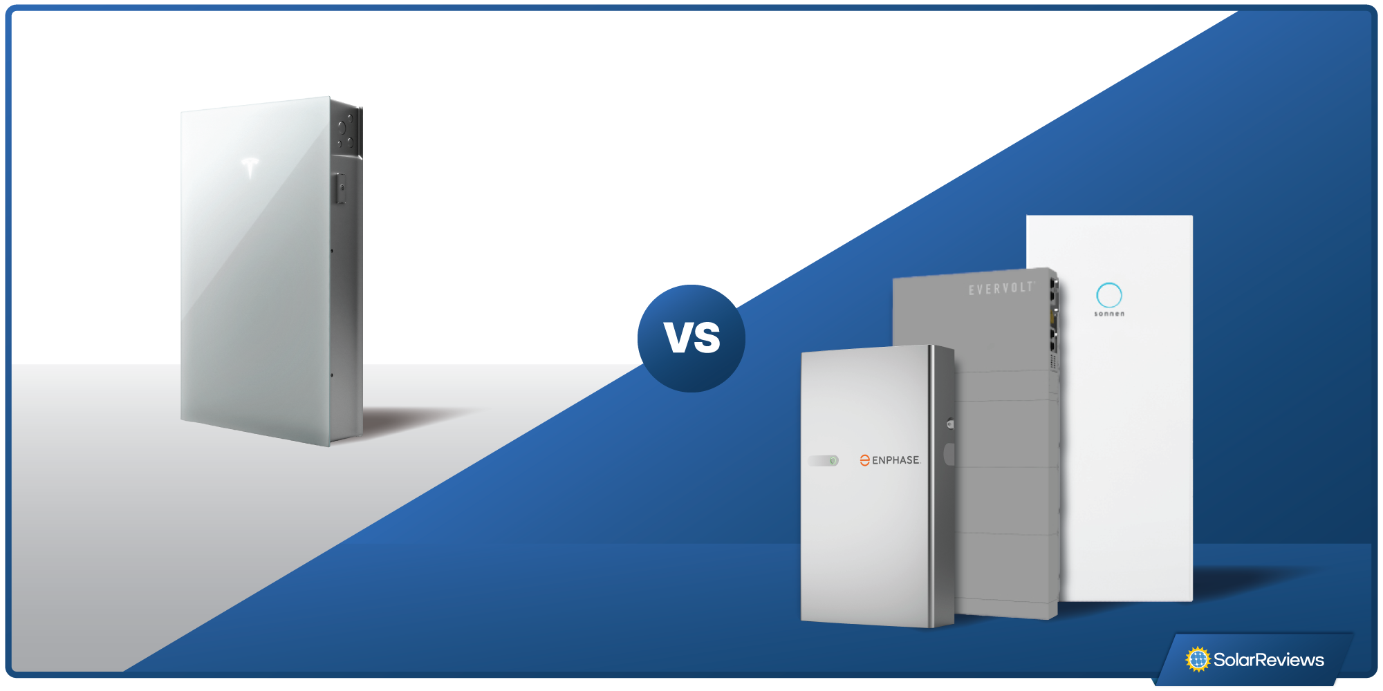 Tesla Powerwall 3 next to an Enphase, Panasonic, and sonnen battery.